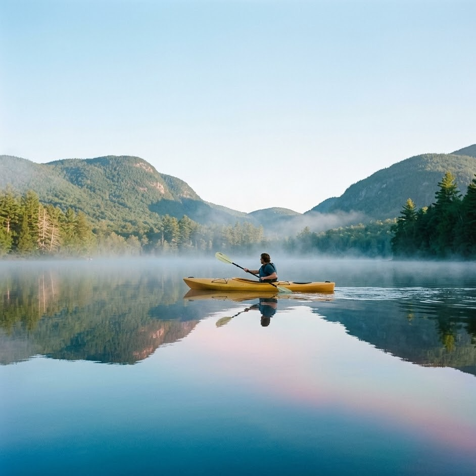 Kayaking across glassy morning water in maine