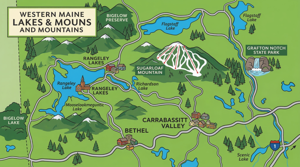 Map of western Maine lakes and mountains travel destinations